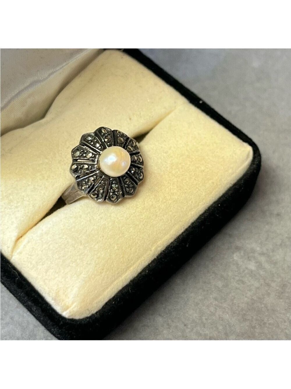 Marcasite and Pearl Ring size 3.5 dainty Victorian revival feminine vintage VTG